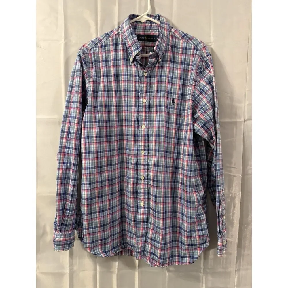 Polo Ralph Lauren Mens L Shirt Pastel Plaid Pony Button Dad Grandpa Preppy 90s‎
